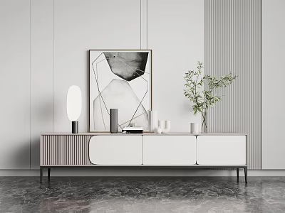 Modern TV Stand With White Panels Black Legs Decorative Artwork Table Lamp And Green Plant 3d model