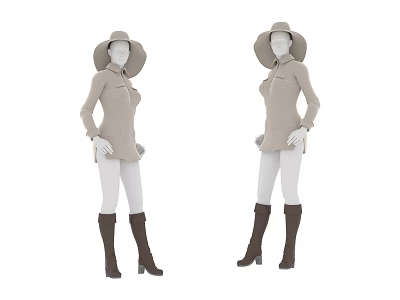 Fashion Mannequin Decorative Ornament Set With Beige Dresses Wide Brimmed Hats And Brown Boots 3d model