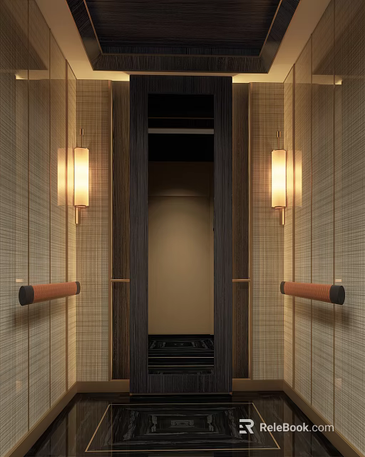 Modern Elevator Interior Design Featuring Wooden Paneling Wall Lamps And Metal Handrails 3d model 