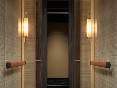 Modern Elevator Interior Design Featuring Wooden Paneling Wall Lamps And Metal Handrails 3d model