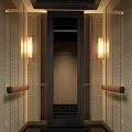Modern Elevator Interior Design Featuring Wooden Paneling Wall Lamps And Metal Handrails
