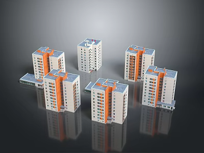 Modern Multi Storey Residential Buildings With Orange And White Exterior Facade Design 3d model