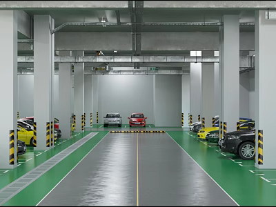 Modern Indoor Parking Garage With Green And Gray Flooring And Parked Cars Along Columns 3d model