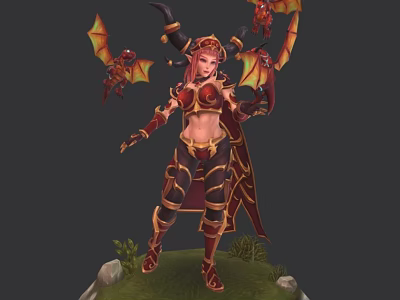 Horned Red haired Sorceress With Small Winged Dragons In Battle Armor Standing On Rock 3d model