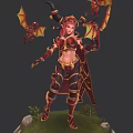 Horned Red haired Sorceress With Small Winged Dragons In Battle Armor Standing On Rock