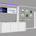 Modern Exhibition Booth with Digital Display Screen Hanging Plant Decorations and White Counter