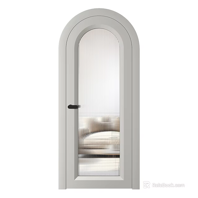 Light Gray Arched Top Swing Door With Ribbed Glass And Black Handle Interior View 3d model 