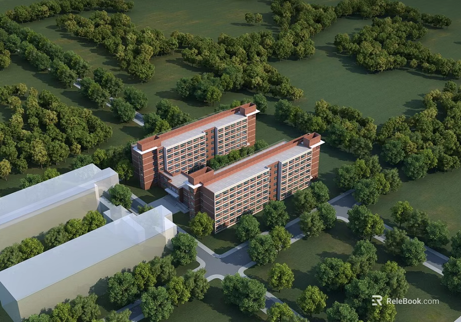 Red Brick School Building Complex Surrounded by Green Trees and Campus Paths 3d model