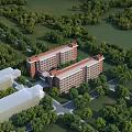 Red Brick School Building Complex Surrounded by Green Trees and Campus Paths 3d model