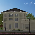 Two Story Detached Villa With Light Beige Exterior Dark Gray Roof And Green Trees