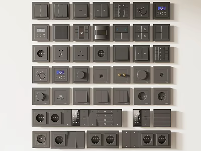 Various Modern Functional Switch Panels With Different Designs Arranged On Wall 3d model