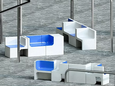 Modern Outdoor Landscape Seats With White Structure And Blue Seating Surfaces 3d model