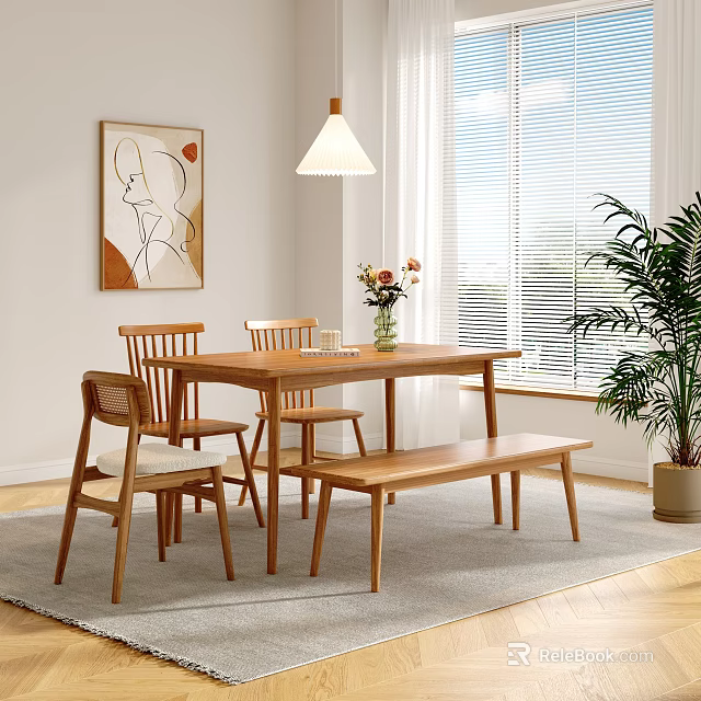 Wooden Dining Table Set With Chairs Bench Pendant Light Plant And Painting By Window 3d model 