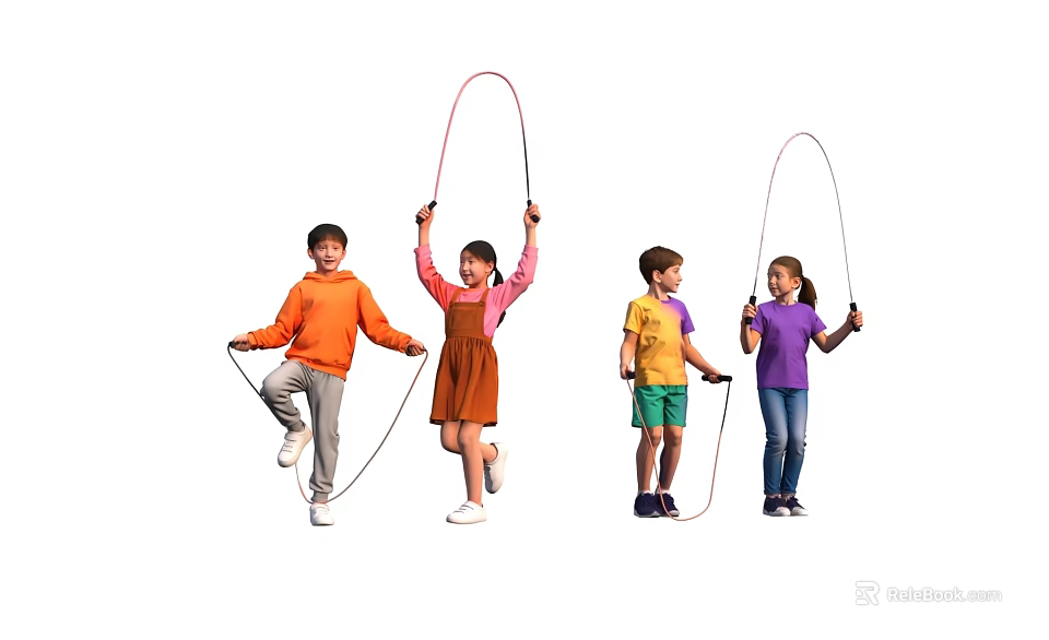 Four Kids Actively Jumping Rope In Playful Group Activity 3d model