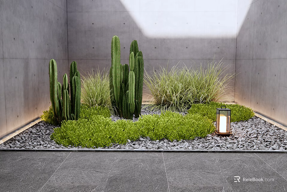 Modern Garden Accent With Cacti Green Grass Gravel And Lantern Against Gray Walls 3d model 