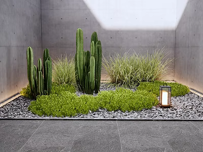 Modern Garden Accent With Cacti Green Grass Gravel And Lantern Against Gray Walls 3d model