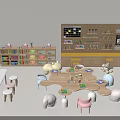 Wooden Kids Table for Children's Learning Space with Small Stools Bookshelves and Stuffed Toys