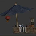 Outdoor Wooden Platform With Blue Umbrella Red Lantern Striped Cloth And Bamboo Tubes
