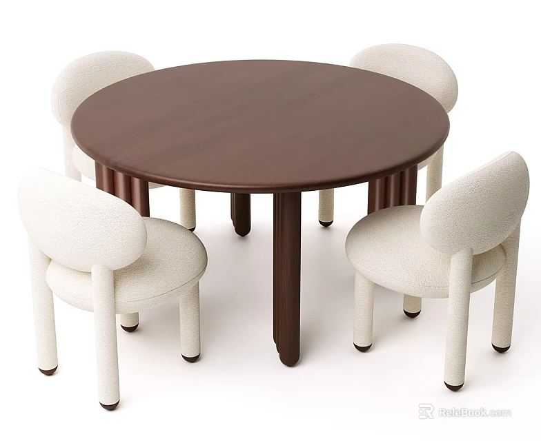 Modern Simple Round Brown Dining Table Set With 4 White Upholstered Chairs 3d model 
