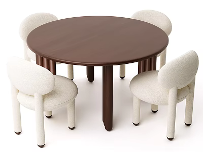 Modern Simple Round Brown Dining Table Set With 4 White Upholstered Chairs 3d model