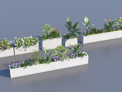 White Rectangular Planters With Various Green Plants And Colorful Flowers Arranged On Gray Background 3d model