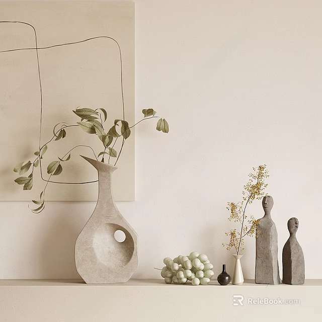 Decorative Ornament Collection With Vase Green Leaves Yellow Twigs Figurines And Grape Decor 3d model 