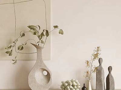 Decorative Ornament Collection With Vase Green Leaves Yellow Twigs Figurines And Grape Decor 3d model