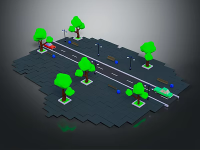 Cartoon Road Scene With Green Trees Street Lamps Benches And Red Car 3d model