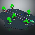 Cartoon Road Scene With Green Trees Street Lamps Benches And Red Car