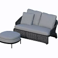 Wicker Frame Two Seater Sofa With Gray Cushions And Matching Ottoman 3d model