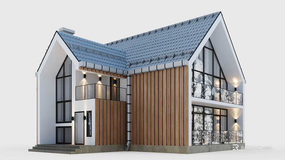 Modern Detached Villa With Wooden Siding Large Glass Windows Balcony And Gabled Roof 3d model 