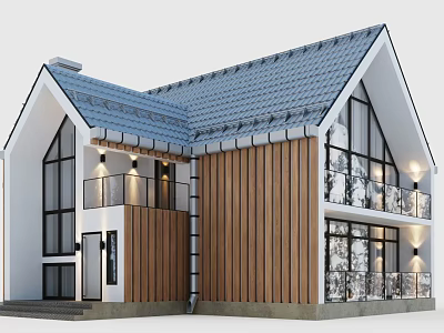 Modern Detached Villa With Wooden Siding Large Glass Windows Balcony And Gabled Roof 3d model