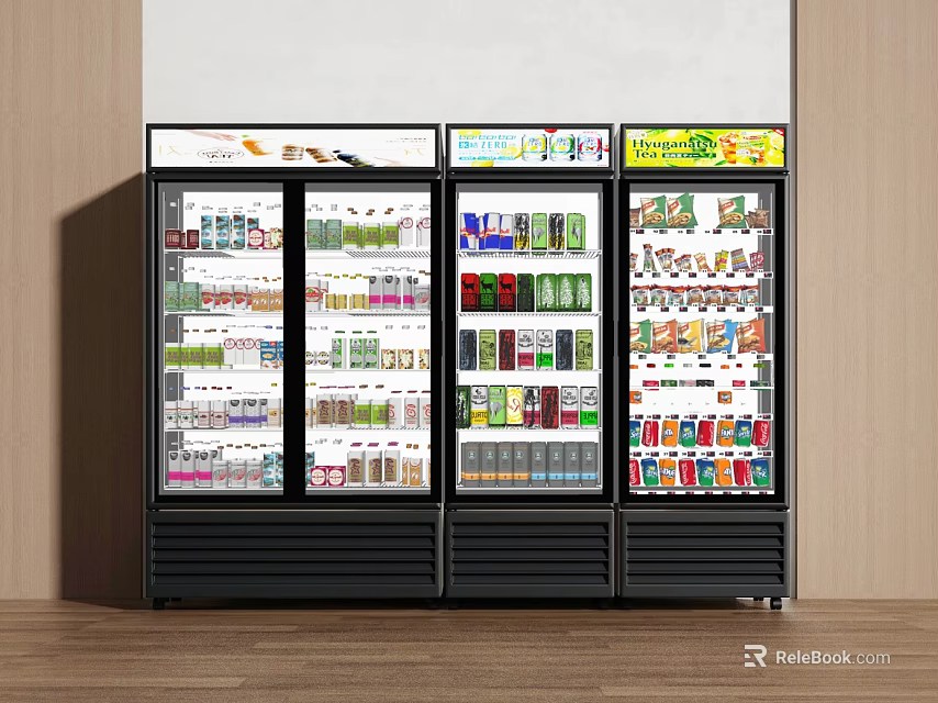 Commercial Display Refrigerators With Glass Doors Stocked Full Of Assorted Beverages In Retail Shop 3d model 