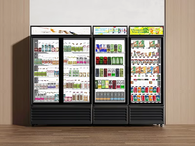 Commercial Display Refrigerators With Glass Doors Stocked Full Of Assorted Beverages In Retail Shop 3d model
