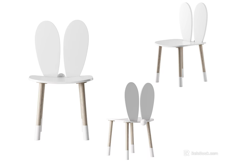 Cute White Children's Chair With Rabbit Ear Backrest And Wooden Legs 3d model 