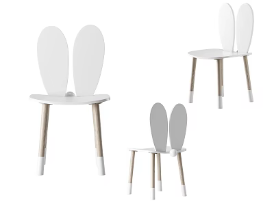 Cute White Children's Chair With Rabbit Ear Backrest And Wooden Legs 3d model