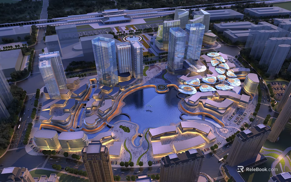 Urban Commercial Aerial View Planning With Surrounding Waterfront And Modern Buildings 3d model 