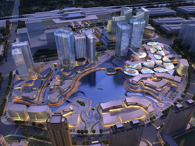Urban Commercial Aerial View Planning With Surrounding Waterfront And Modern Buildings 3d model