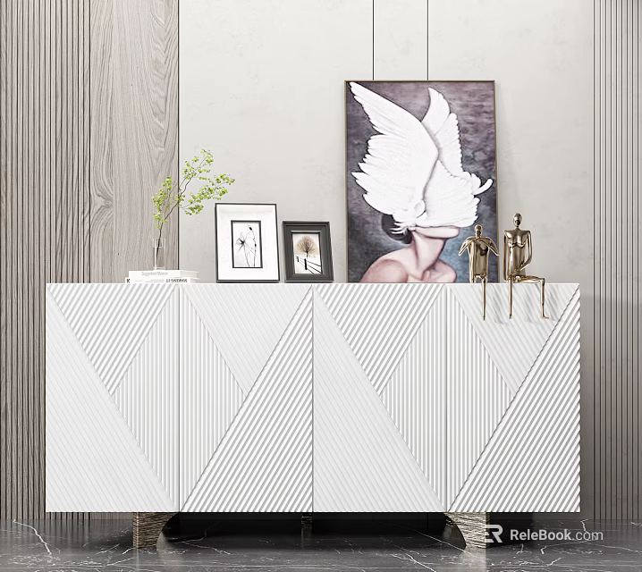 White Console Sideboard Cabinet With Chevron Pattern Artwork Photo Frames Green Plant And Metal Decor 3d model 