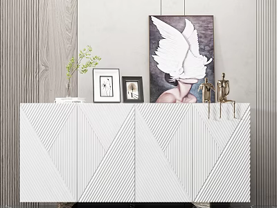 White Console Sideboard Cabinet With Chevron Pattern Artwork Photo Frames Green Plant And Metal Decor 3d model