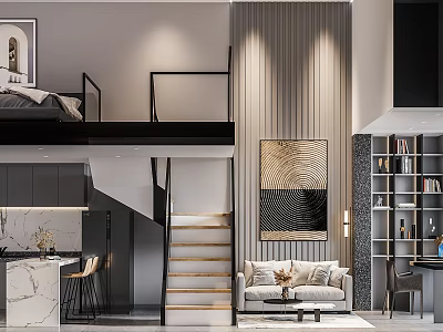 Modern Elegant Double Storey Loft Apartment With Open Kitchen Living Room Sofa Bookshelf And Staircase 3d model