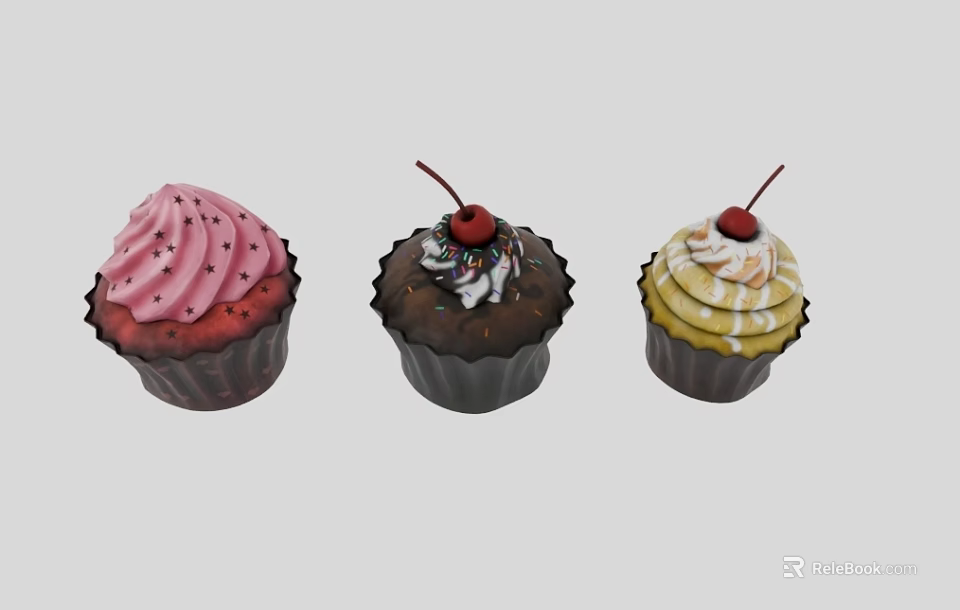 Colorful Cupcakes With Pink Chocolate Yellow Frosting Sprinkles And Cherries 3d model 