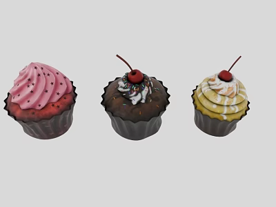 Colorful Cupcakes With Pink Chocolate Yellow Frosting Sprinkles And Cherries 3d model Colorful Cupcakes With Pink Chocolate Yellow Frosting Sprinkles And Cherries 3d model