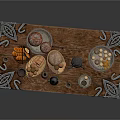 Rustic Wooden Dining Table with Ornate Metal Accents and Food Plates Decor