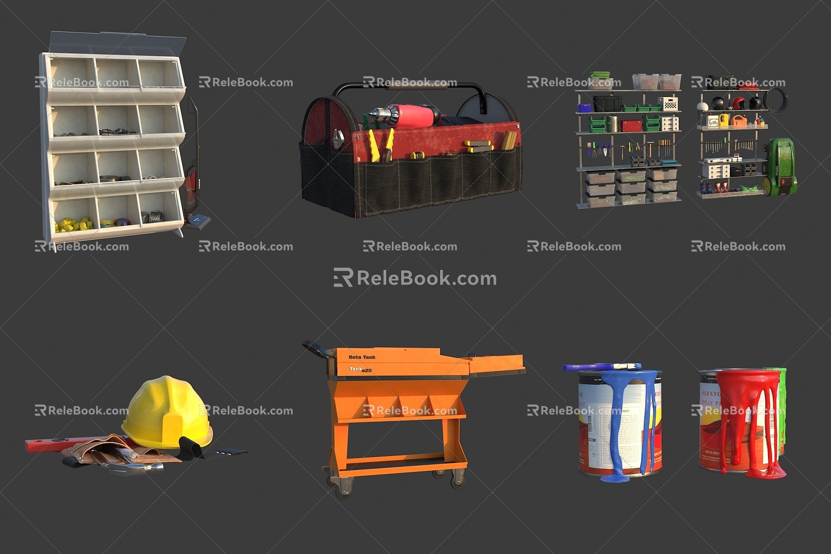 Warehouse Home Tool Rack Garden Home Tool Toolbox Paint Bucket Toolkit Herding Machine Helmet 3d model