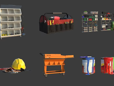 Essential Hardware Tools Collection With Toolbox Cart Shelves Hard Hat And Paint Cans 3d model