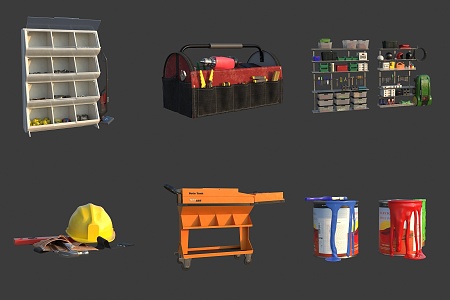 Warehouse Home Tool Rack Garden Home Toolbox Paint Bucket Toolkit Herding Machine Helmet 3d model