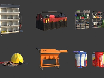 Warehouse Home Tool Rack Garden Home Toolbox Paint Bucket Toolkit Herding Machine Helmet 3d model