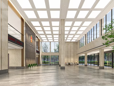Spacious Modern Hotel Lobby Design With High Ceiling Large Windows Marble Flooring And Green Plants 3d model