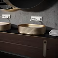 Modern Bathroom Vanity With Double Sinks And Round Mirror Wooden Design